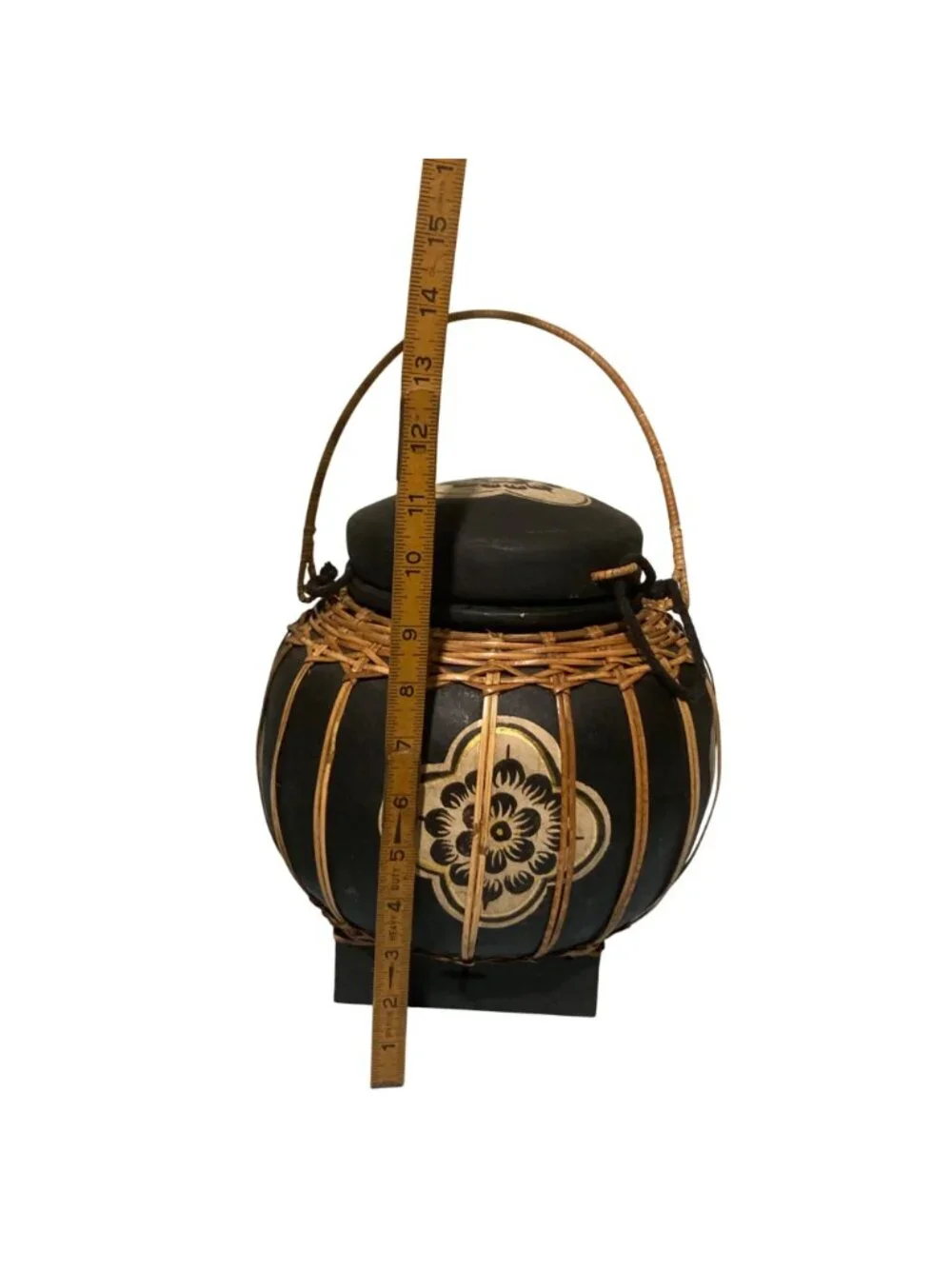 Vintage Thai Bamboo And Wood Rice Basket Hand Painted Floral Design